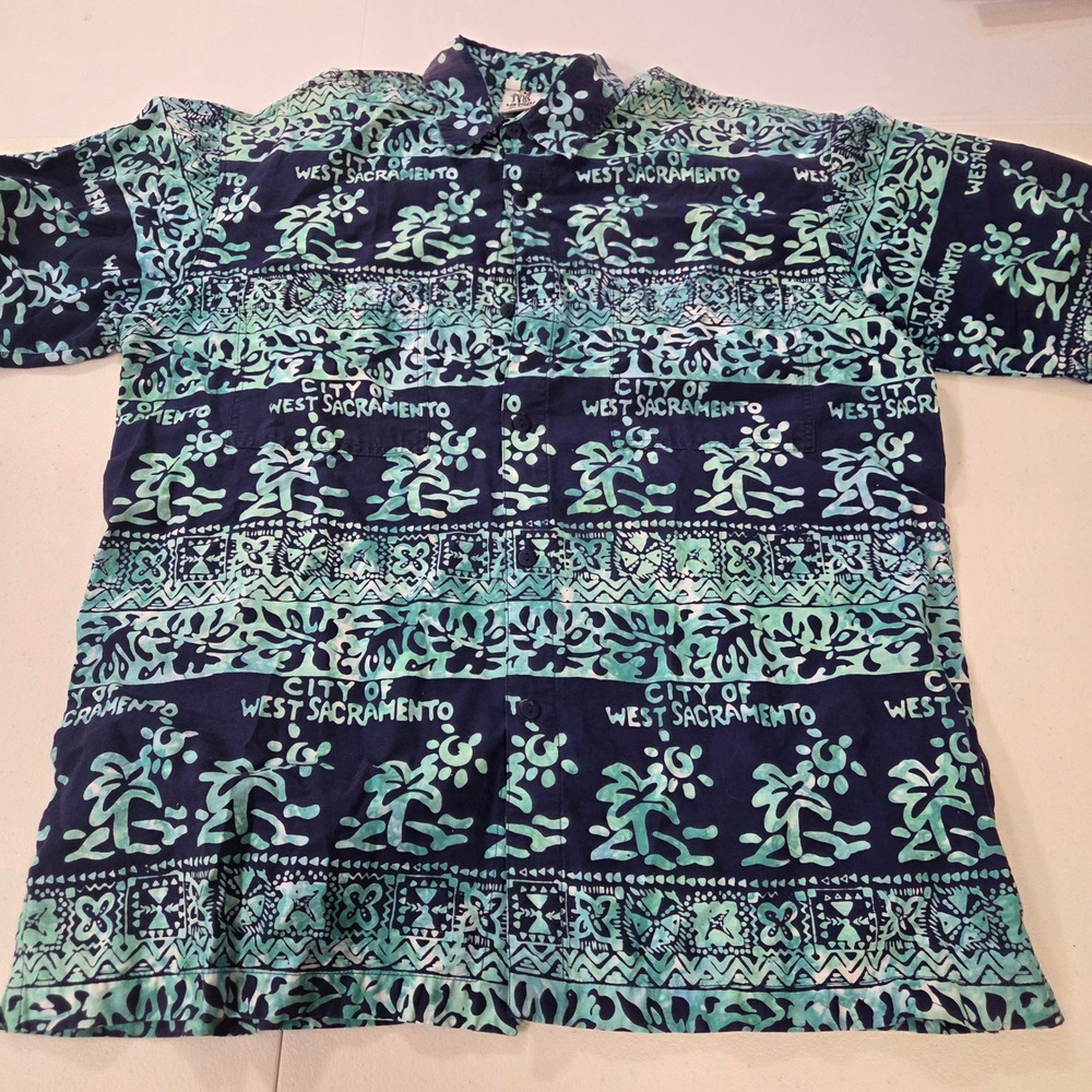 Rum Reggae City of West Sacramento Batik Hawaiian Shirt Mens Large Blue Cotton
